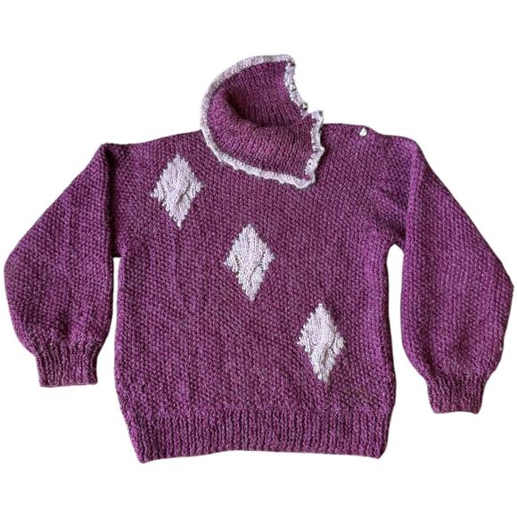 American vintage OOAK handknit button turtleneck sweater purple pink size large - Picture 1 of 15